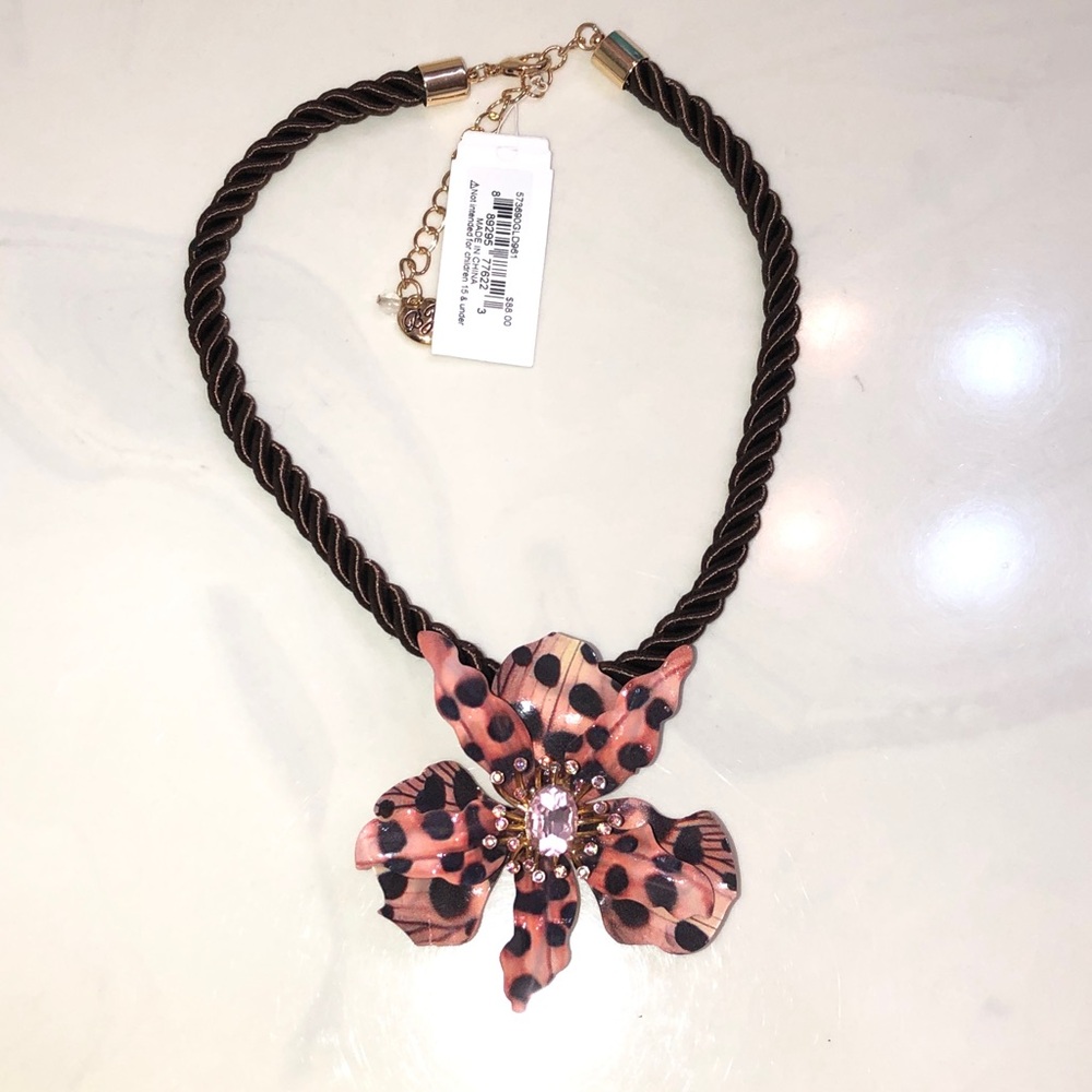 Betsey Johnson Brown Nylon Rope Necklace & Leopard Print Orchid Pendant NWT